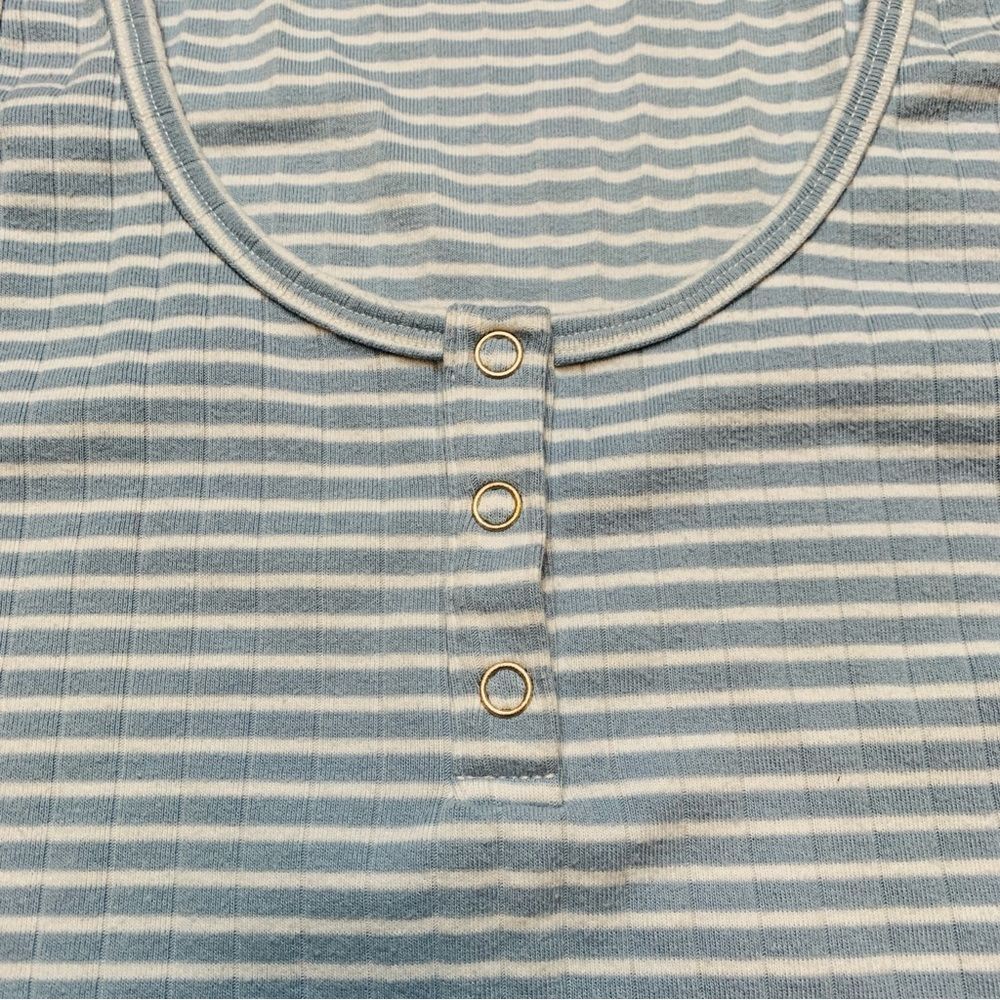 Aerie Blue & White Striped Ribbed Cropped Henley Tank Top | Medium - Picture 3 of 7